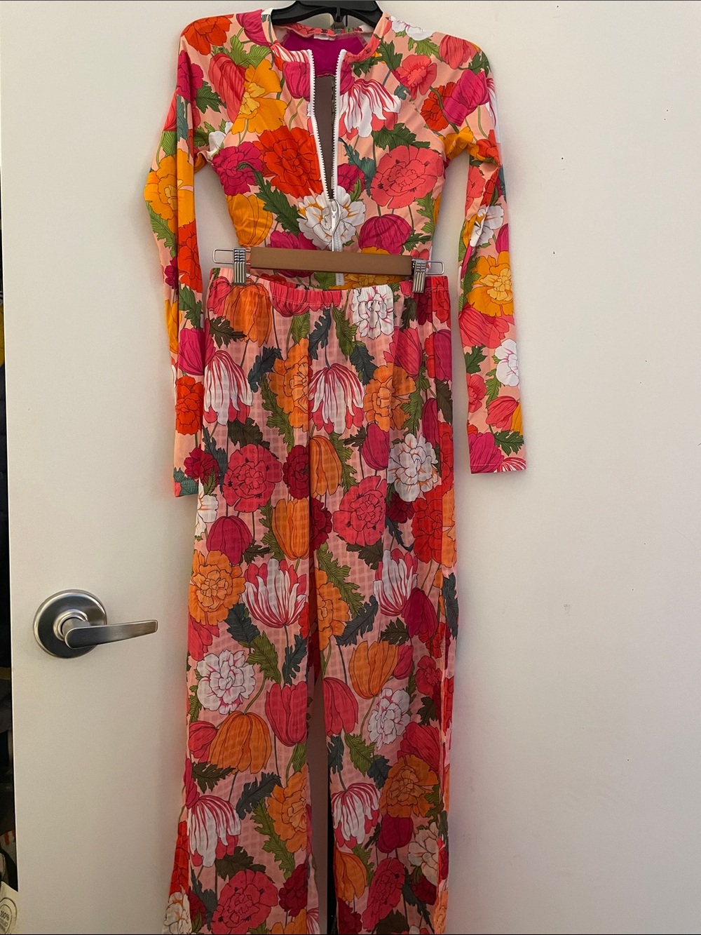 Trina Turk Pink Orange Floral Set Rash Guard and Semi Sheer Pants S/M